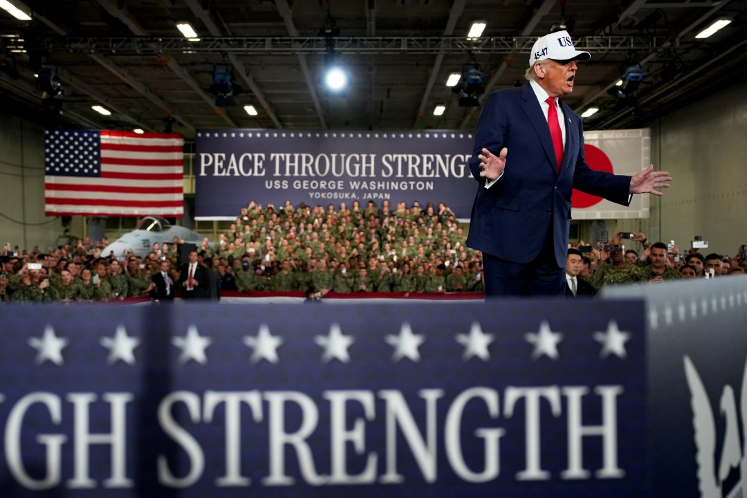 U. S. President donald trump speaks to troops aboard uss george washington