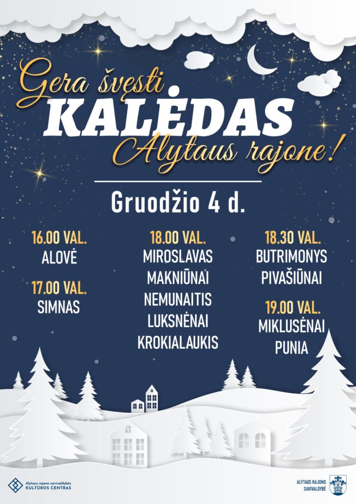 Alytaus rajonas kalėdos alytaus rajone šiais metais atkeliauja į daugus! 2025 kaledos alytaus rajone siais metais atkeliauja i daugus 2025 2 alytaus rajonas iustitia. Bg po spindinčio eglučių įžiebimo kiekvienoje seniūnijoje, šiemet pagrindinė alytaus rajono kalėdų žaliaskarė sužibs dauguose. Gruodžio 5-osios vakarą daugų miesto... Kalėdos alytaus rajone šiais metais atkeliauja į daugus! 2025 2025-11-19 16:50:54 teisingumas - iustitia. Bg alytaus rajonas