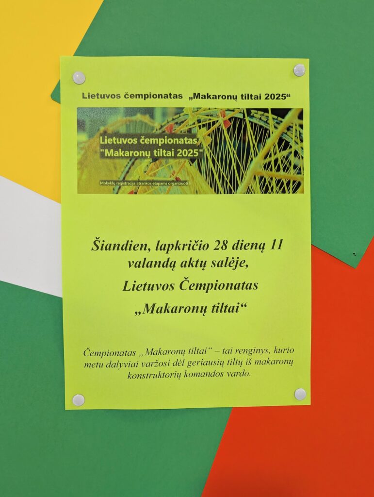 Akiratyje gimnazijoje vyko nacionalinis čempionatas ,,makaronų tiltai 2025“ 2025 gimnazijoje vyko nacionalinis cempionatas makaronu tiltai 2025 2025 100 akiratyje iustitia. Bg gargždų „vaivorykštės“ gimnazijoje antrą kartą surengtas nacionalinis mokinių čempionatas „makaronų tiltai 2025“, organizuojamas vilnius tech universiteto. Čempionato... Gimnazijoje vyko nacionalinis čempionatas ,,makaronų tiltai 2025“ 2025 2025-12-03 09:48:42 teisingumas - iustitia. Bg akiratyje