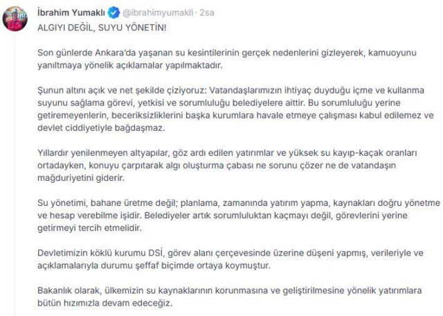 Bakan Yumaklı, Ankara'daki su kesintileri tartışmalarına son noktayı koydu Bakan Yumaklı, Ankara'daki su kesintileri tartışmalarına son noktayı koydu 2026