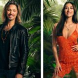 Gil ofarim (43) und samira yavuz (32) stehen vor einem ki-generierten dschungel-hintergrund mit vielen grünen blättern.