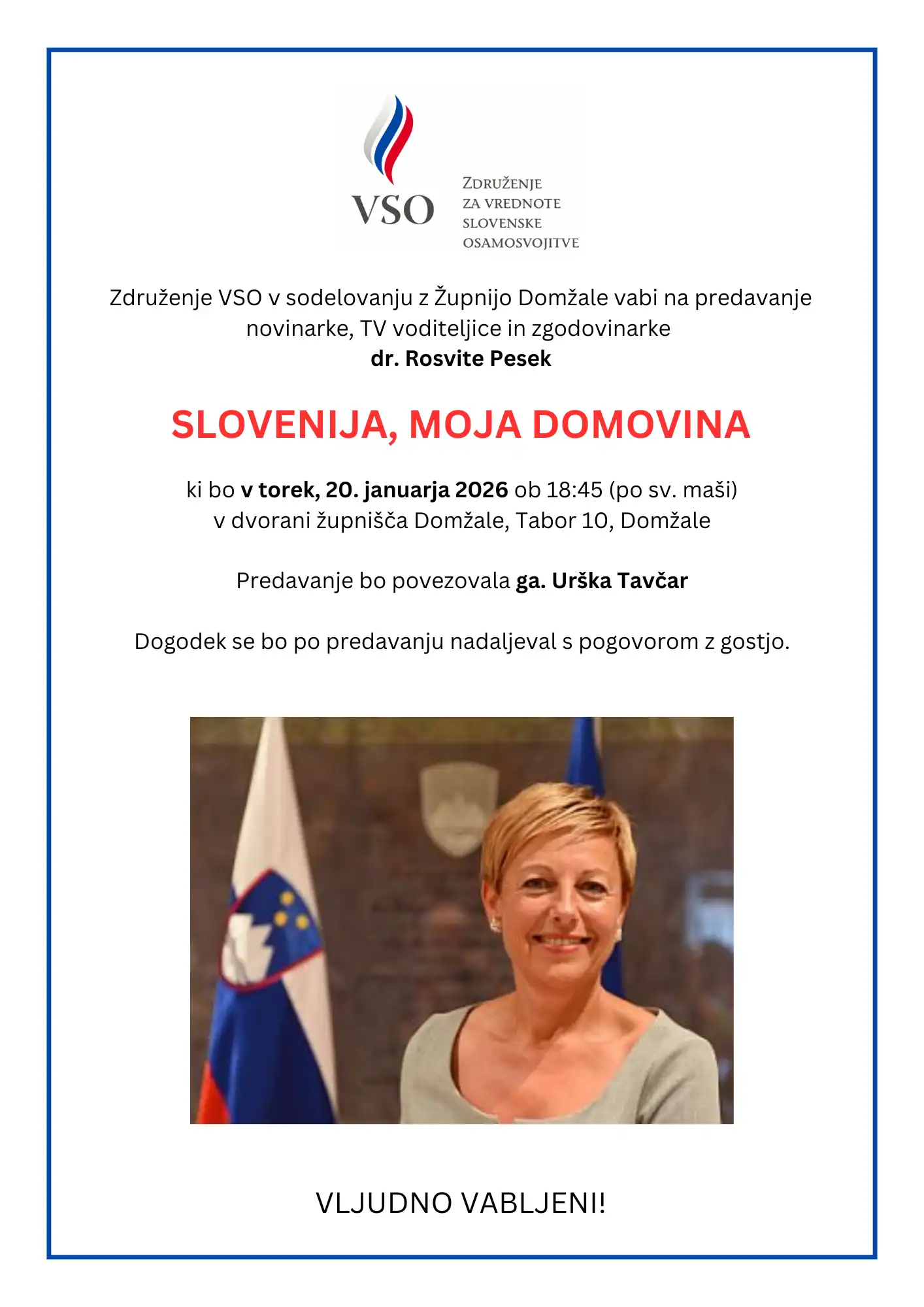 Prejeli smo (vabilo) predavanje dr. Rosvite pesek – slovenija, moja domovina 2026 vabilo predavanje dr rosvite pesek slovenija moja domovina 2026 prejeli smo iustitia. Bg združenje vso v sodelovanju z župnijo domžale vabi na predavanje
novinarke, tv... Iustitia. Bg (vabilo) predavanje dr. Rosvite pesek – slovenija, moja domovina 2026 2026-01-14 07:06:49 pravosodje - iustitia. Bg prejeli smo