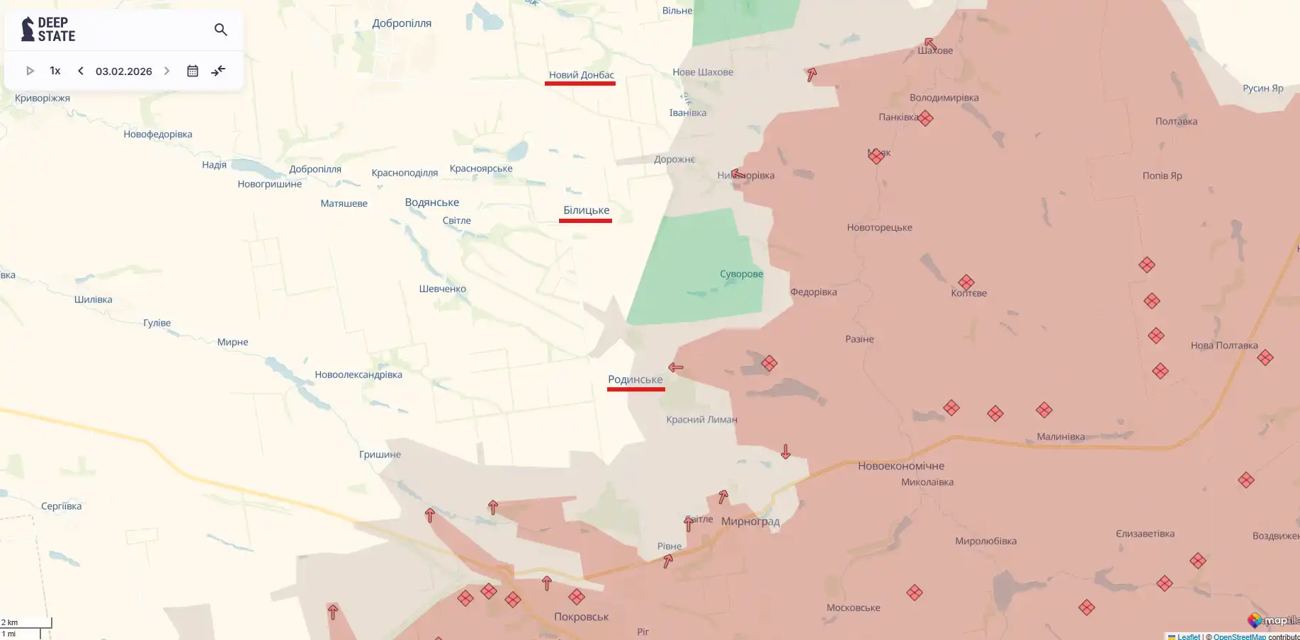 Ориентировочная карта боевых действий по состоянию на 3 февраля в 22:52 / DeepStateMap