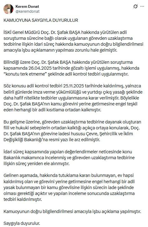 İSKİ Genel Müdürü görevine iade edildi 2026