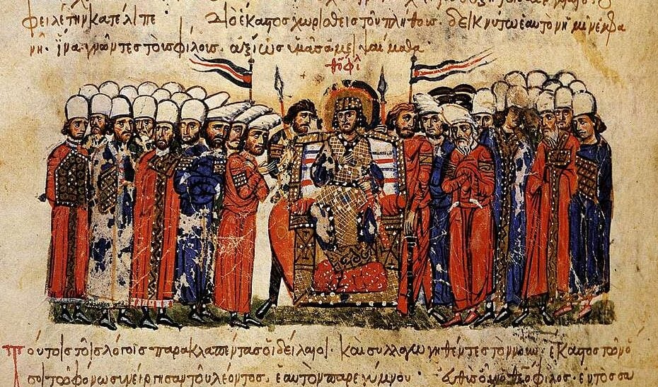Illustration from the Skylitzes Chronicle depicting Byzantine Emperor Theophilos seated on a throne, surrounded by courtiers in elaborate robes, within a richly decorated palace setting.