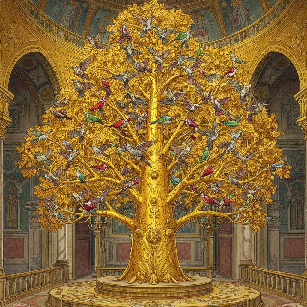 An AI-generated depiction of the legendary Golden Tree of the Byzantine imperial palace—an ornate, gilded tree adorned with mechanical singing birds that moved and chirped using intricate automaton technology
