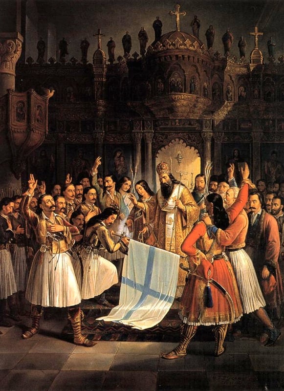 Metropolitan germanos of patras blessing the flag of the greek resistance at agia lavra monastery on helmos mountain