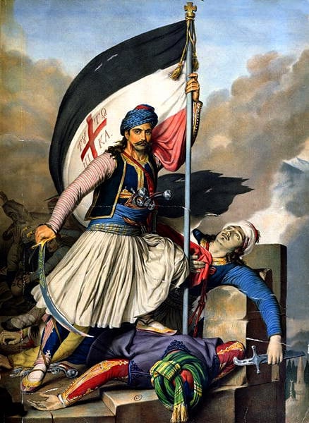 Dupré's depiction of greek rebels hoisting the flag at salona