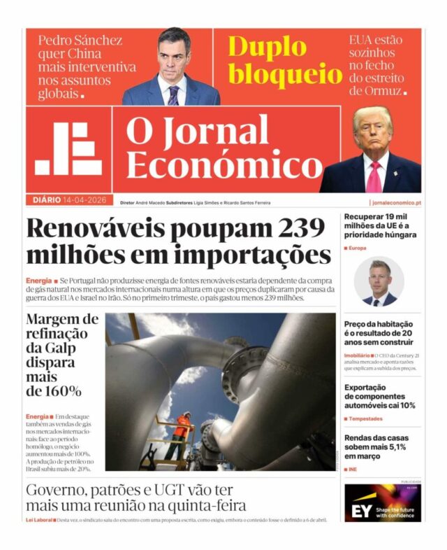 A primeira página do Jornal Económico de 14 de abril 2026
