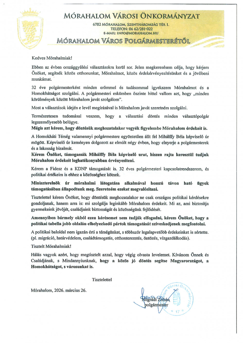 Mórahalom polgármestere levélben kéri a helyieket, hogy szavazzanak a fidesz-kdnp-re 2026 - igazságszolgáltatás - iustitia. Bg Fidesz mórahalom polgármestere levélben kéri a helyieket, hogy szavazzanak a fidesz-kdnp-re 2026 rahalom polg rmestere lev lben helyieket hogy szavazzan 1 fidesz iustitia. Bg nógrádi zoltán, mórahalom fideszes polgármestere levélben kéri... Iustitia. Bg mórahalom polgármestere levélben kéri a helyieket, hogy szavazzanak a fidesz-kdnp-re 2026 2026-04-01 19:21:14 igazságszolgáltatás - iustitia. Bg fidesz