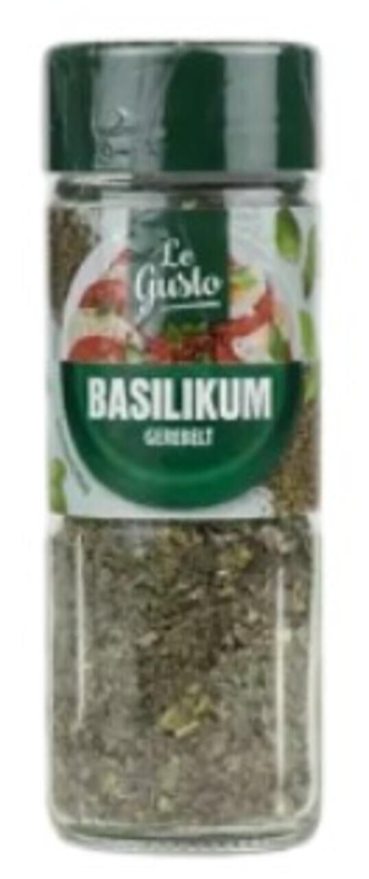 Abgebildet ist die verpackung des "le gusto basilikum gerebelt" - es handelt sich um ein durchsichtiges gewürzglas mit dungelgrünem ausstreuer.