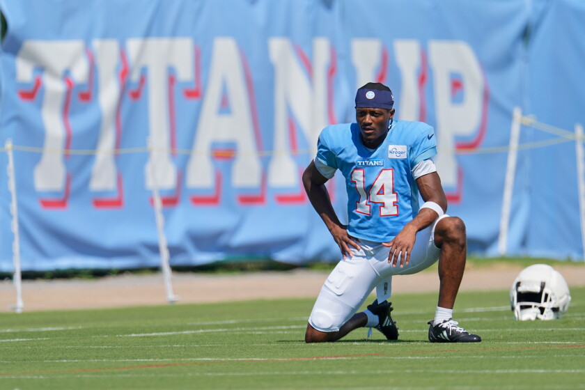 Tennessee titans wide receiver carnell tate (14) stretches during the nfl football team's training camp tuesday, aug. 25, 2026, in nashville, tenn. (ap photo/george walker iv) org xmit: tngw102