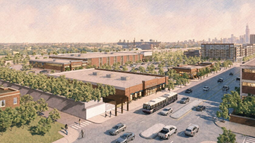 A rendering of a proposed retail development in bronzeville that would be anchored by a pete's market. If approved by the city council, construction could begin early next year.