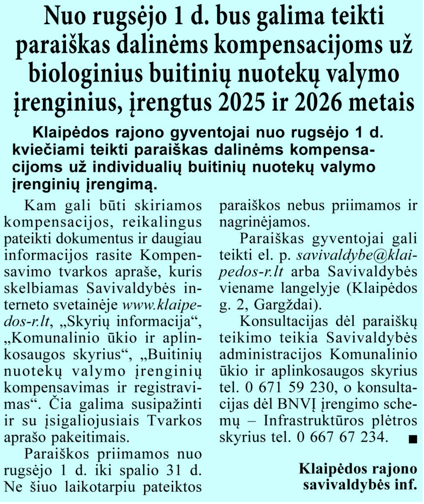 Klaipėdos rajono savivaldybė informuoja 2026
