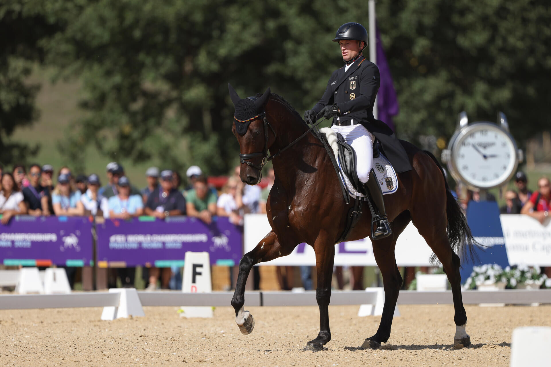 Reiter Michael Jung reitet auf dem Pferd Chipmunk Dressur.