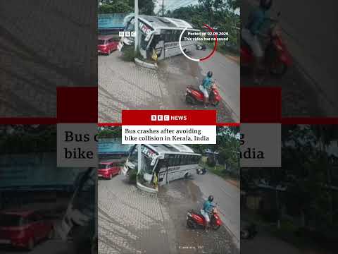Bus crashes after avoiding bike collision in Kerala, India. #BBCNews 2026