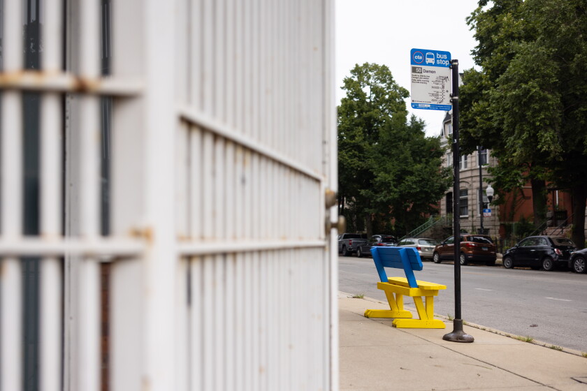 A handmade bench sits at the North Damen Avenue and West Thomas Street bus stop in Ukrainian Village on the North Side.