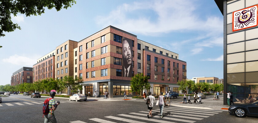 A rendering of buildings planned at the former LeClaire Courts property shows a view southwest from Cicero Avenue and 44th Street.