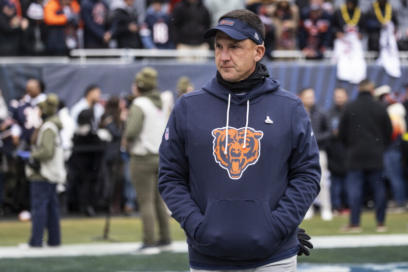 Bears defensive coordinator Dennis Allen stands on the field during warm-ups before the Bears take on the New York Giants at Soldier Field on Sunday, Nov. 9, 2025.