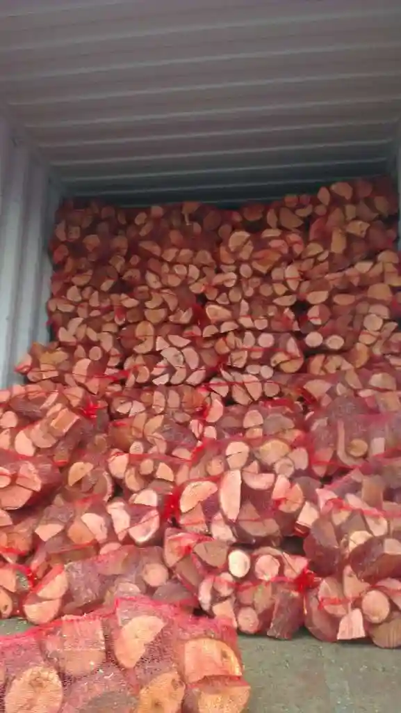 Container med brændeposer nl be, tørret brænde, kløvet brænde, birketræ, miljøvenligt brænde, billigt brænde