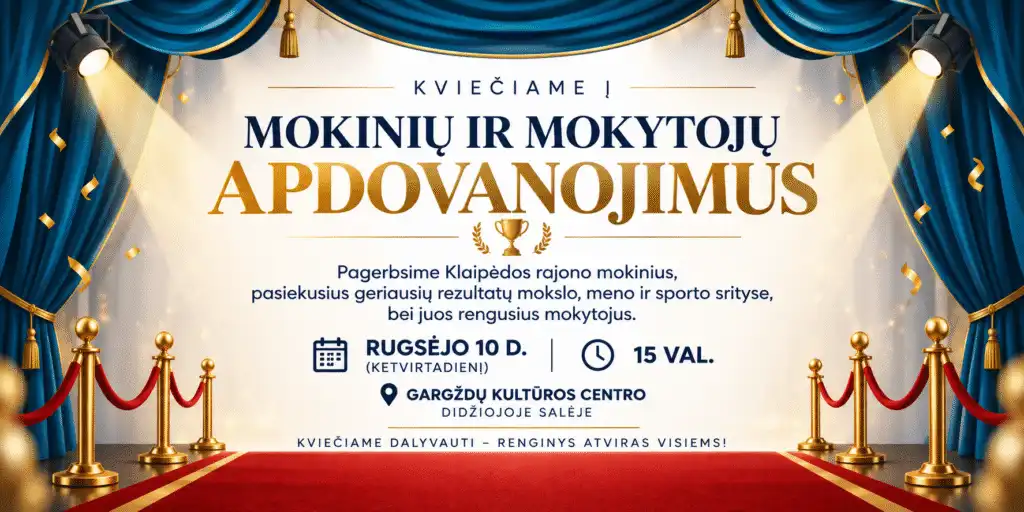 Kviečiame drauge pasidžiaugti tais, kurie savo talentu, darbu ir atkaklumu garsina klaipėdos rajoną 2026 kvie iame drauge pasid iaugti tais kurie savo talentu d iustitia. Bg rugsėjo 10-ąją, ketvirtadienį, 15 val. Gargždų kultūros centre pagerbsime 2025–2026 mokslo metais geriausių rezultatų pasiekusius klaipėdos rajono mokinius. Jaunieji talentai... Kviečiame drauge pasidžiaugti tais, kurie savo talentu, darbu ir atkaklumu garsina klaipėdos rajoną 2026 2026-09-08 11:54:57 teisingumas - iustitia. Bg