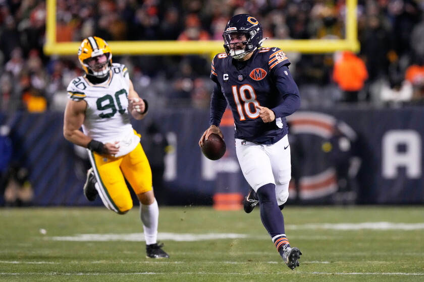 Bears qb caleb williams inactive vs. Packers, but appears on track to return for falcons game 2026 - justice Bears quarterback caleb williams gets away from green bay packers' lukas van ness during the second half of a game on saturday, dec. 20, 2025, at soldier field.