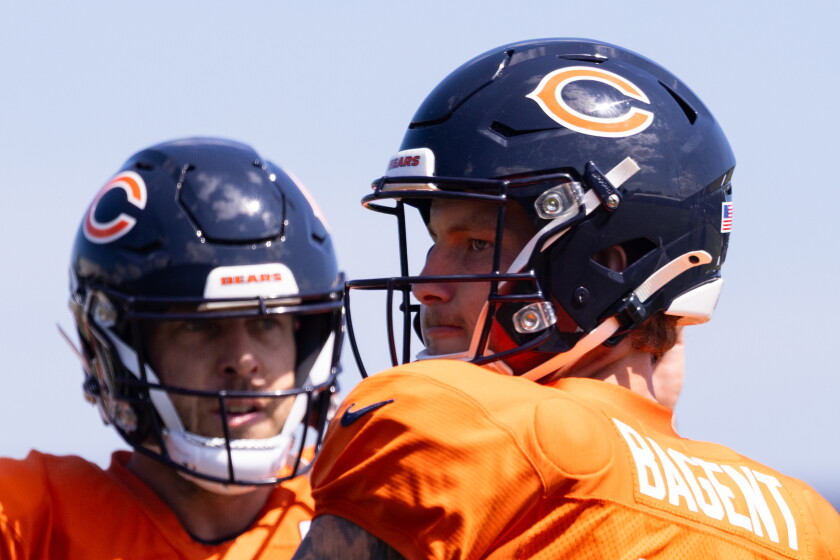 Chicago Bears backup quarterbacks Tyson Bagent #17 and Case Keenum #11 practice at Halas Hall in Lake Forest, Tuesday, Aug. 25, 2026. | Candace Dane Chambers/Sun-Times
