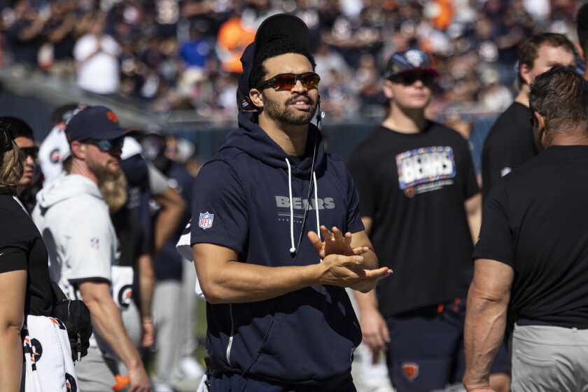 Bears list qb caleb williams as questionable vs. Falcons, but full week of practice points toward return 2026 - justice Chicago bears quarterback caleb williams #18 looks on from the sidelines during the second quarter against the new york jets at soldier field, sunday, oct. 2, 2026. | ashlee rezin/sun-times