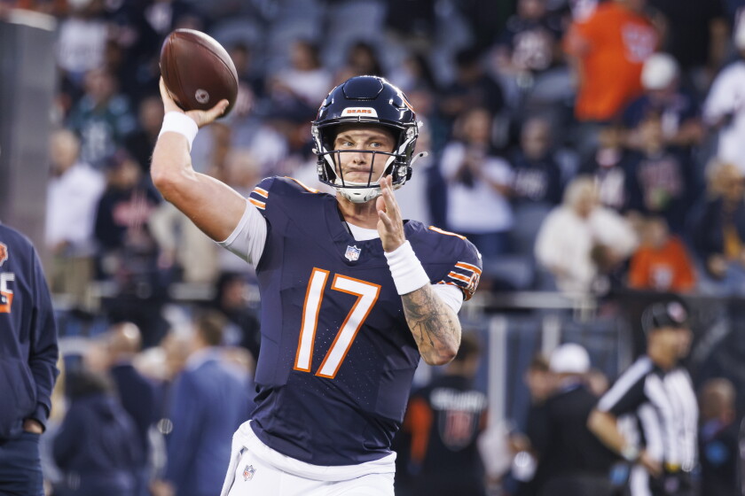 Chicago Bears quarterback Tyson Bagent #17 during the warm ups of an NFL football game at Soldier Field, Monday, Sept. 28, 2026. | Anthony Vazquez/Sun-Times.