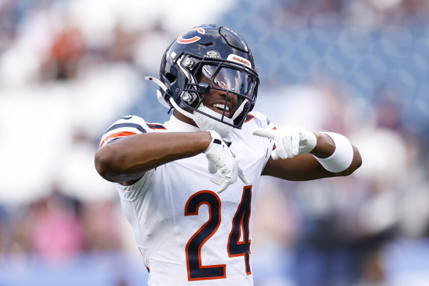 NASHVILLE, TENNESSEE - AUGUST 29: Malik Muhammad #24 of the Chicago Bears reacts to a play during the first half of Week 3 preseason game against the Tennessee Titans at Nissan Stadium on August 29, 2026 in Nashville, Tennessee. (Photo by Johnnie Izquierdo/Getty Images) ORG XMIT: 776511681