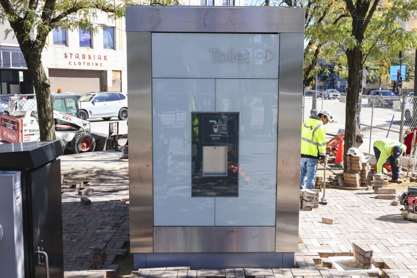A self-cleaning bathroom at the Polish Triangle at the intersection of North Ashland and North Milwaukee avenues and West Division Street in West Town.