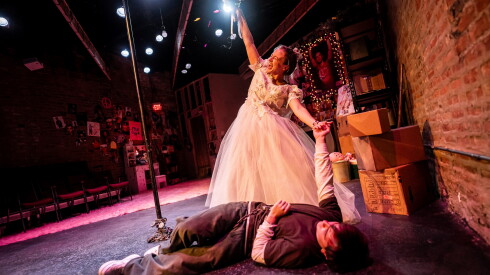 Alex O’Shea and Jasper Johnson in I’M GONNA MARRY YOU TOBEY MAGUIRE, written by Samantha Hurley and directed by Tyler Struble, now playing through October 31, in the Bookspan Theatre at The Den Theatre, 1331 N Milwaukee Ave. 