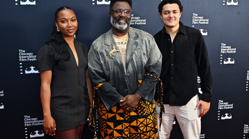 From left, director allison a. Waite, actor bashir salahuddin and director elijah davis pose on the red carpet ahead of the screening of "three colors: pan-african" during the 62nd chicago international film festival.