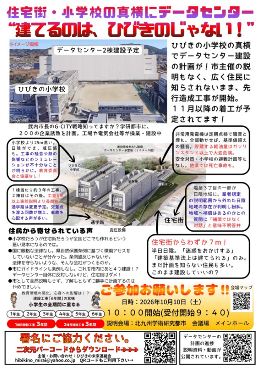 小学校真横へのデータセンター建設やめよ 子どもの安全優先を 父母中心に反対署名開始 小学校真横へのデータセンター建設やめよ　「子どもの安全優先を」　父母中心に反対署名開始　北九州市 2026 heno yameyo domono zhong jiu 2026 7 小学校真横へのデータセンター建設やめよ 子どもの安全優先を 父母中心に反対署名開始 (2026年9月23日付掲載)
造成工事が進行しているデータセンター建設予定地。左側に見えるのがひびきの小学校（北九州市若松区）
<span style="font-family: arial, helvetica,... Iustitia. Bg 小学校真横へのデータセンター建設やめよ　「子どもの安全優先を」　父母中心に反対署名開始　北九州市 2026 2026-10-05 08:09:44 正義 小学校真横へのデータセンター建設やめよ 子どもの安全優先を 父母中心に反対署名開始