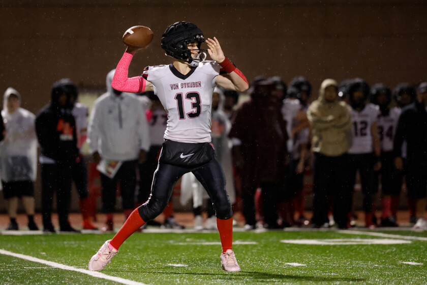 High school football schedule for week 8 2026 - justice Von steuben's christian welk (13) passes against lake view at lane stadium.