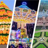 Collage aus der wasserburg kasteel de haar, einem kettenkarussell auf einer kirmes und einer kürbispyramide.