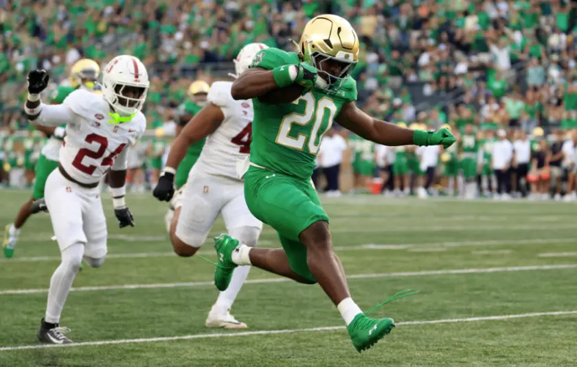 Jonaz Walton #20 of the Notre Dame Fighting Irish runs the bases for a touchdown during the fourth quarter against the Stanford Cardinal at Notre Dame Stadium on October 10, 2026 in South Bend, Indiana. 