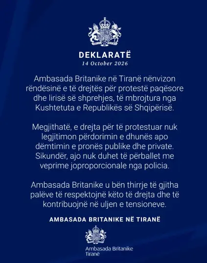 Ambasada britanike kaos në tiranë, ambasada britanike: e drejta për të protestuar nuk legjitimon dhunën 2026 kaos tiran ambasada britanike drejta protestuar nuk leg ambasada britanike ambasada britanike në vendin tonë ka reaguar pas ditës së dytë të protestës që po zhvillohet në tiranë. Në... Iustitia. Bg kaos në tiranë, ambasada britanike: e drejta për të protestuar nuk legjitimon dhunën 2026 2026-10-14 15:46:40 юстиция ambasada britanike