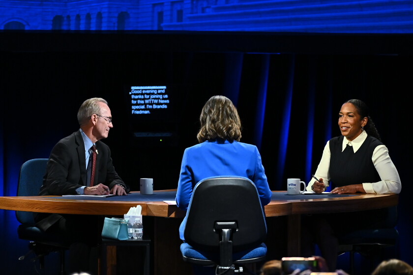 Key takeaways from the only senate debate between juliana stratton and don tracy 2026 - justice Republican nominee don tracy, left, moderator and "chicago tonight" anchor brandis friedman, center, and democratic u. S. Senate nominee juliana stratton converse on set during the wttw news u. S. Senate candidate forum on tuesday at the renée crown public media center in chicago.