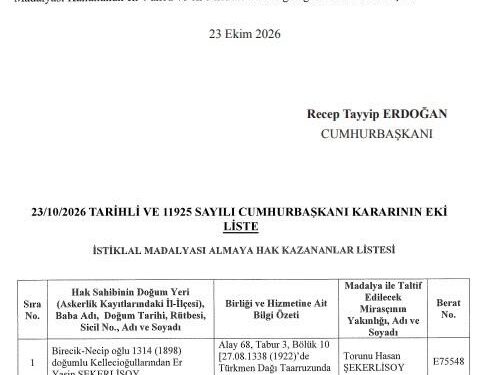 Kurtuluş savaşı'na katılan 5 askerin mirasçılarına i̇stiklal madalyası verilecek 2026