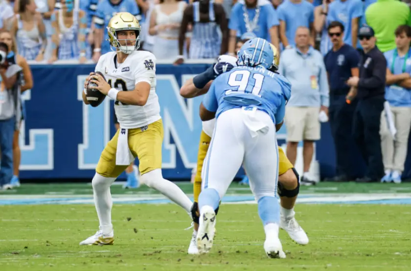 Cj carr #13 of the notre dame fighting irish prepares to throw the football during the first half of the game against north carolina tar heels at kenan stadium on october 03, 2026 in chapel hill, north carolina.