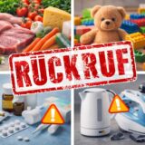 Nudel-rückruf wegen salmonellen: hersteller rufen pasta vorsorglich zurück 2026 - iustitia. Bg - gerechtigkeit Rückruf-ticker: collage aus lebensmitteln, spielzeug, medikamenten und haushaltsgeräten mit warnsymbolen
