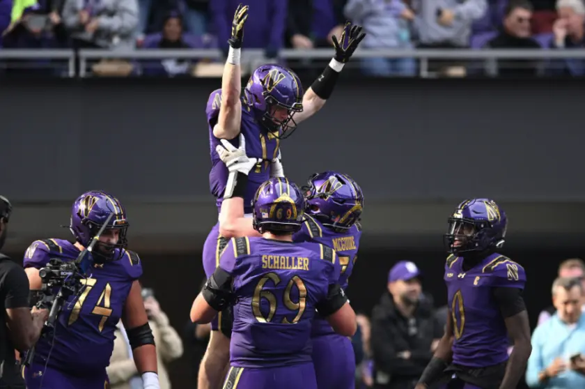 Northwestern wide receiver griffin wilde (17) celebrates with teammates after catching a touchdown pass during the first half of an game against rutgers, saturday, oct. 24, 2026, in evanston.