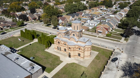 Aerial view of st. Simeon mirotočivi serbian orthodox church surrounded by greenery