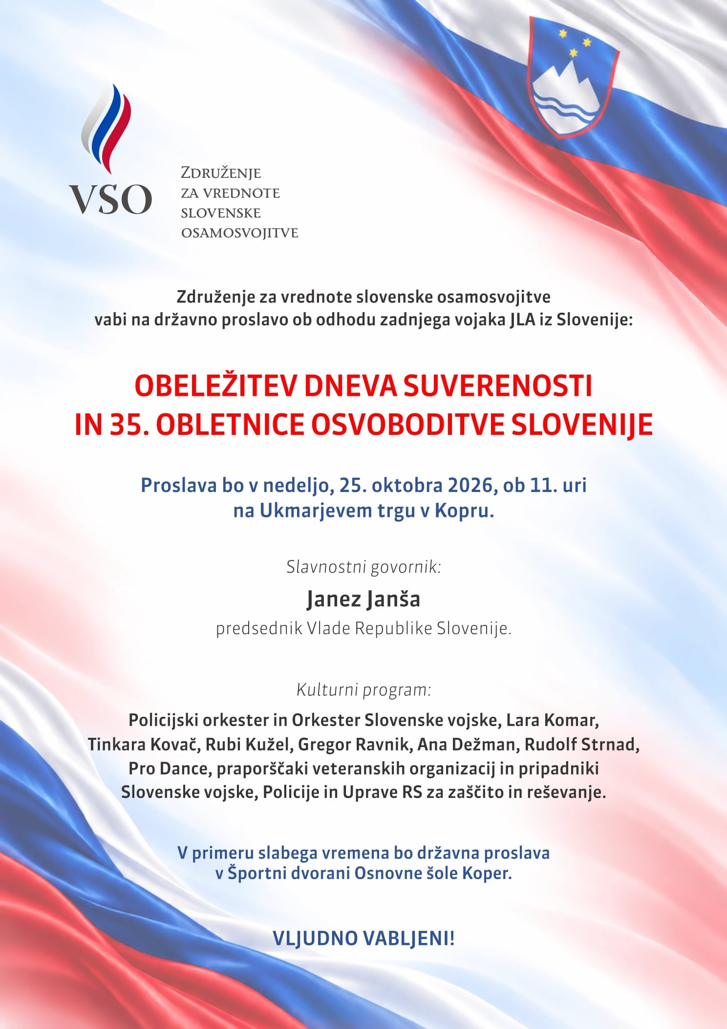(vabilo) obeležitev dneva suverenosti v kopru (+informacije o prevozu) 2026 vabilo obele itev dneva suverenosti kopru informacije p piše: vso
združenje za vrednote slovenske osamosvojitve organizira prevoz na državno proslavo ob odhodu zadnjega... Iustitia. Bg (vabilo) obeležitev dneva suverenosti v kopru (+informacije o prevozu) 2026 2026-10-19 17:19:26 pravosodje - iustitia. Bg